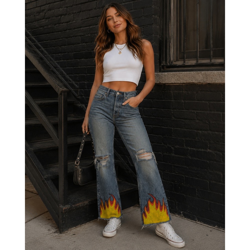 ASOS Jeans Women 26 Blue Flame Playboy Bunny Distressed Y2K‎ Streetwear